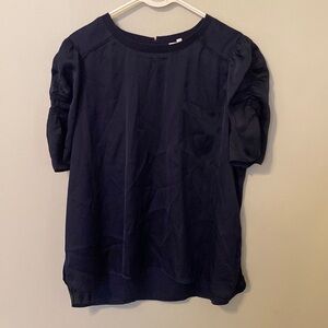 DR2 Navy Ruched Half-Sleeve Front Pocket Satin Blouse [Size: XL]